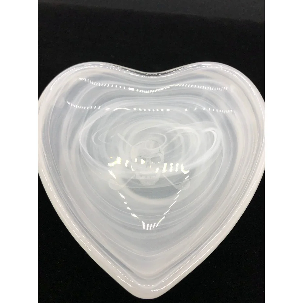 White Swirl Alabaster Glass Heart Trinket Dish Etched Skull Crossbones Decor